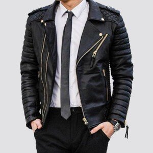 Men’s Black Leather Biker Jacket With Gold Zips