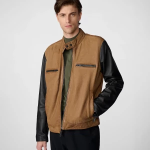 Brown Leather Jacket With Black Sleeves