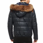 Puffer Men’s Navy Blue Hooded Leather Jacket