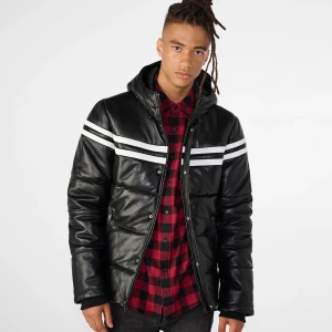 Hooded Puffer Leather Jacket With Stripes