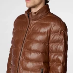 Distressed Leather Brown Puffer Jacket