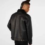 Button Up Black Leather Jacket With Shearling Collar