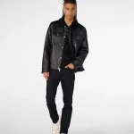 Button Up Black Leather Jacket With Shearling Collar