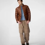 Distressed Leather Brown Puffer Jacket