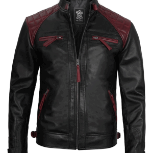 Black and Maroon Quilted Cafe Racer Men's Leather Jacket