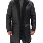 Mens Mid-Length Black Leather Sherpa Long Coat