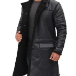 Mens Mid-Length Black Leather Sherpa Long Coat