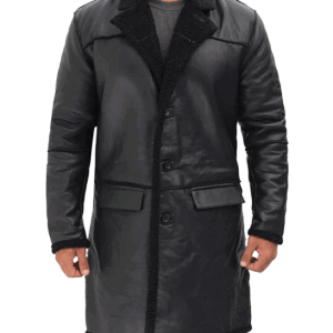 Mens Mid-Length Black Leather Sherpa Long Coat