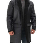Mens Mid-Length Black Leather Sherpa Long Coat