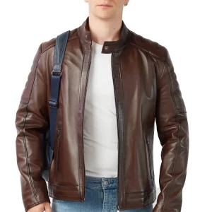 Genuine Sheepskin Distressed Waxed Leather Jacket With Band Style Snap Button