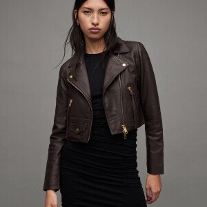 Womens Cropped Slim Leather Biker Jacket