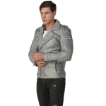 Men Distressed Gray Biker Leather Jacket