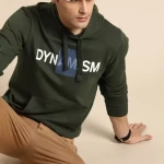 Men Green Full Sleeve Solid Hooded Sweatshirt