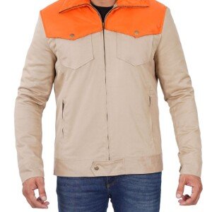 Mens Beige and Orange Two-Tone Cotton Jacket - Trucker Style