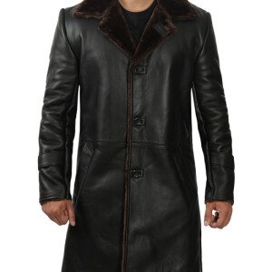 Mens Long Black Leather Coat with Brown Fur Shearling