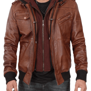 Men's Brown High-Quality Leather Bomber Jacket with a Removable Hood