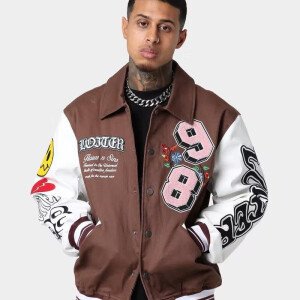 Men's Cotton Brown And White Varsity Jacket