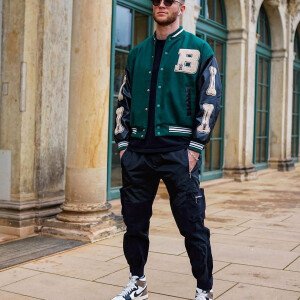 Men's Cotton Green And Black Varsity Jacket