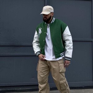 Men's Cotton Green And White Varsity Jacket