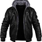 Men’s Hooded Black Bomber Leather Jacket