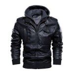 Men’s Slim Fit Black Leather Hooded Jacket