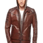 Men’s Stylish Brown Leather Hooded Jacket