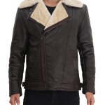 Mens Brown Asymmetrical Shearling Leather Jacket