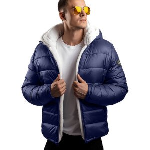 Wilfred Mens Blue Sherpa-Lined Hooded Puffer Jacket