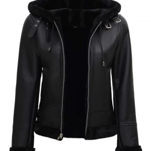 Womens Black Shearling Bomber Leather Jacket with Hood