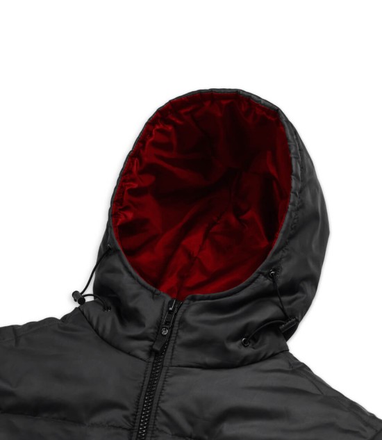 Men's Black Puffer Jacket with Scuba Hood - Down Insulation