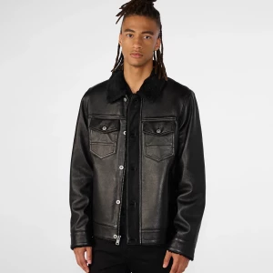 Button Up Black Leather Jacket With Shearling Collar