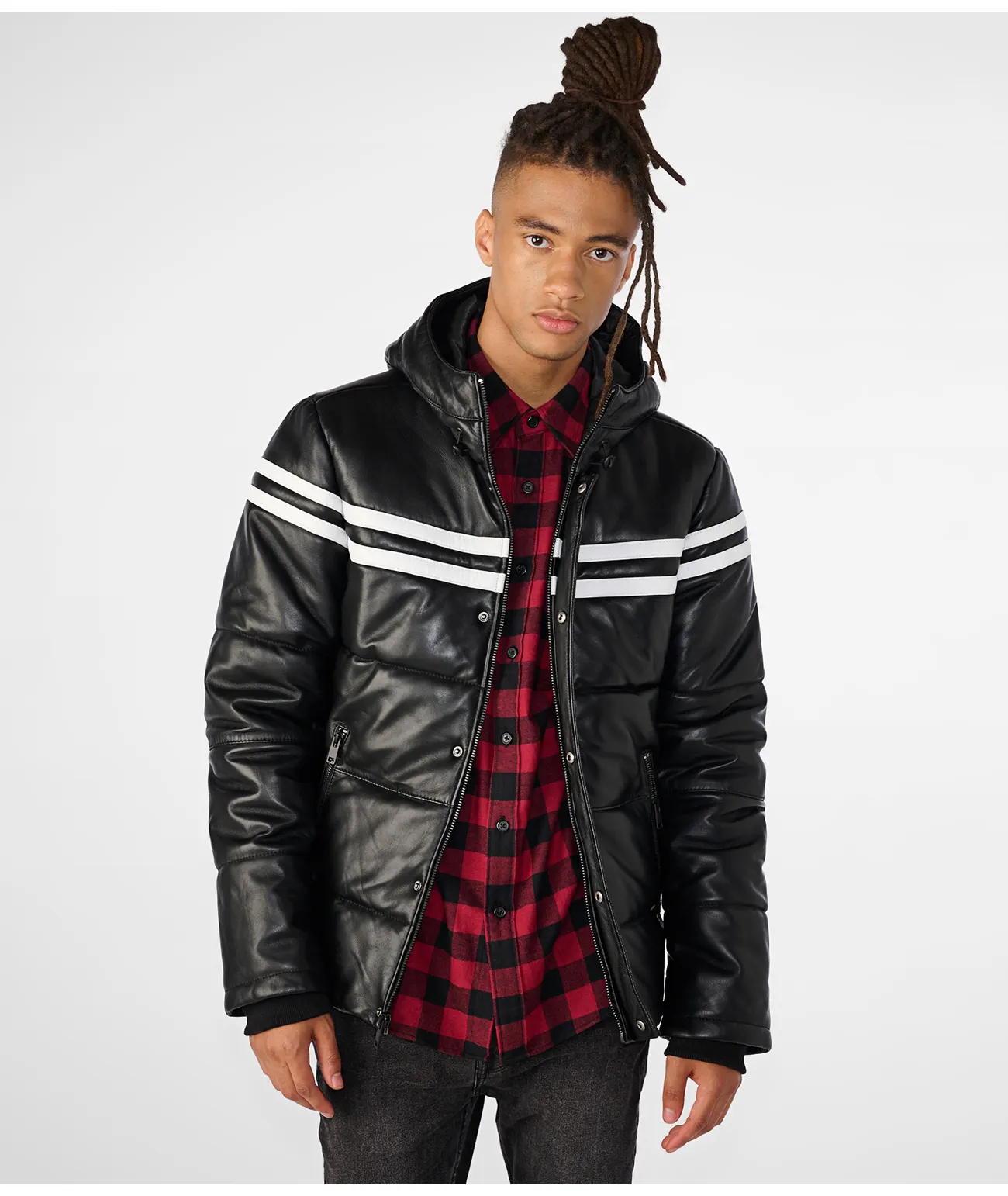 Hooded Puffer Leather Jacket With Stripes