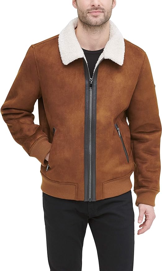 Men's Shearling Bomber Jacket with Faux Fur Collar