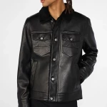 Button Up Black Leather Jacket With Shearling Collar