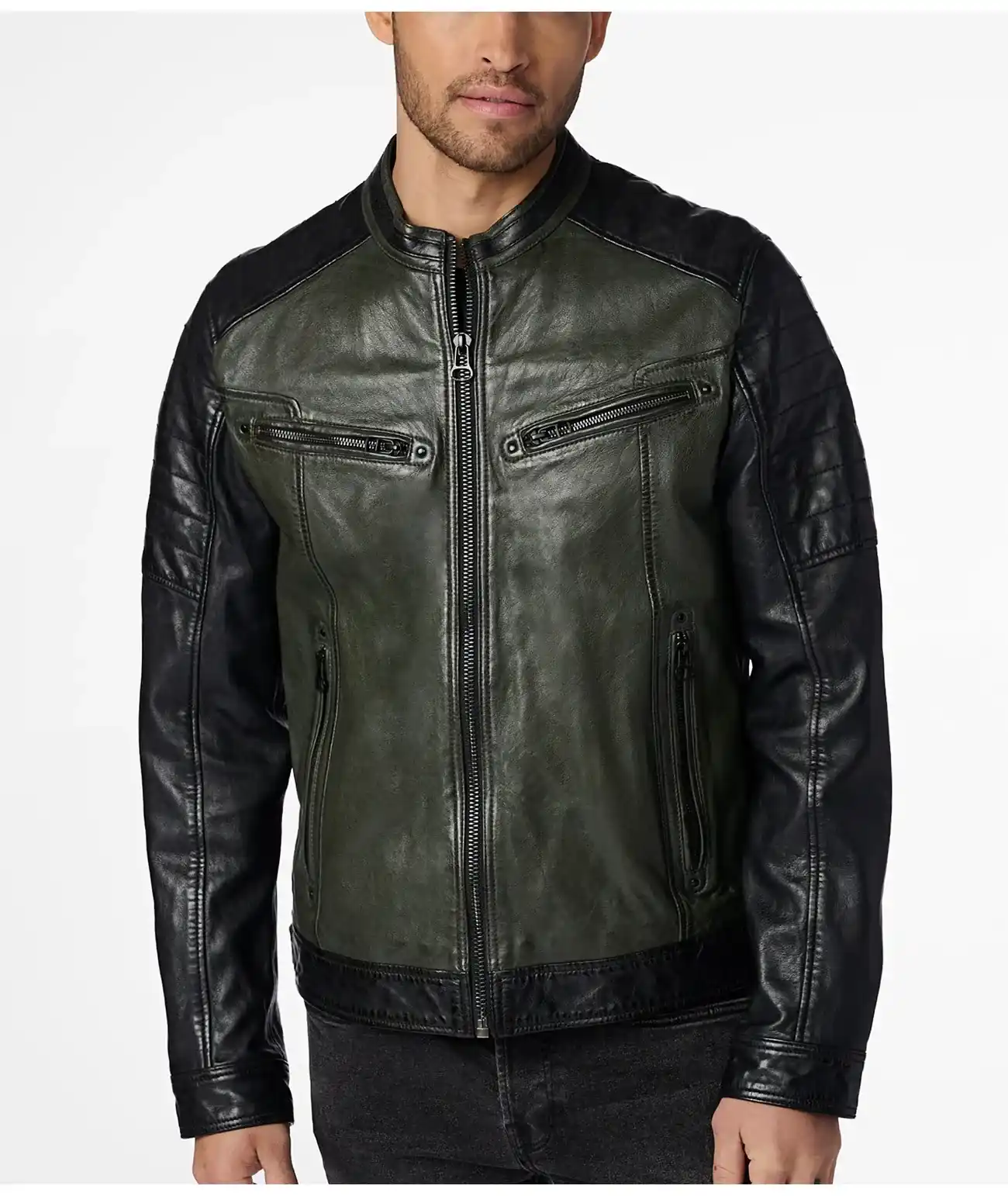 Dark Green With Black Leather Jacket