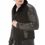 Men’s Black Suede Leather Bomber Jacket With Fur Collar