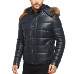 Puffer Men’s Navy Blue Hooded Leather Jacket