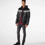 Hooded Puffer Leather Jacket With Stripes