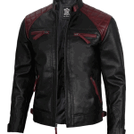 Black and Maroon Quilted Cafe Racer Men's Leather Jacket