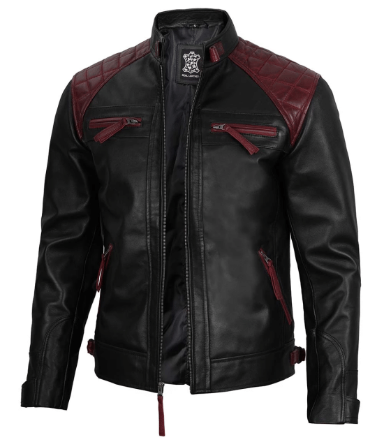 Black and Maroon Quilted Cafe Racer Men's Leather Jacket