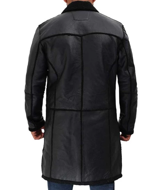 Mens Mid-Length Black Leather Sherpa Long Coat