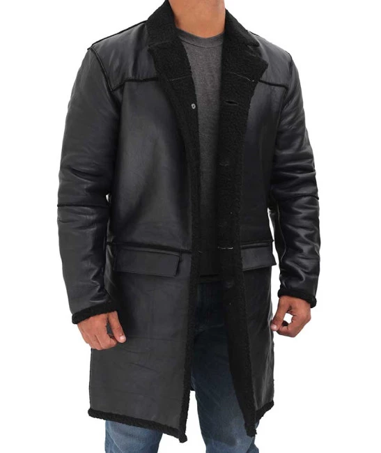 Mens Mid-Length Black Leather Sherpa Long Coat