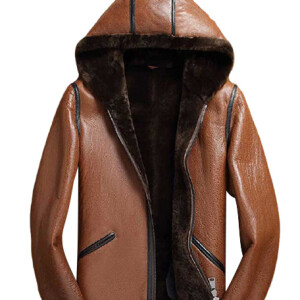 Mens Sheepskin brown hooded Jacket