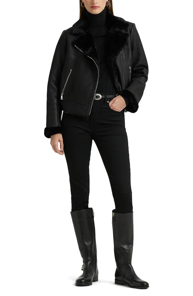 Faux Leather Moto Jacket with Faux Shearling Lining