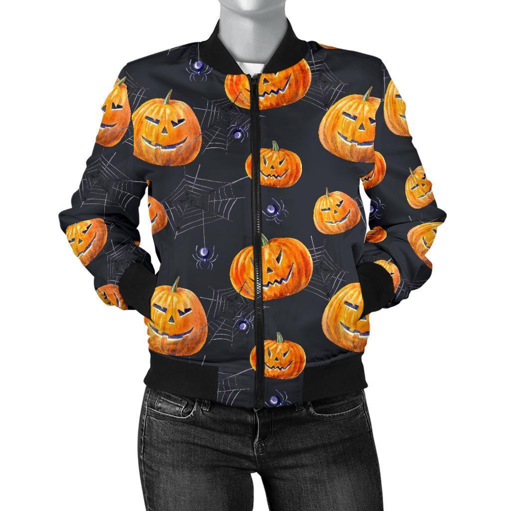 Halloween Pumpkin Print Women Bomber Jacket