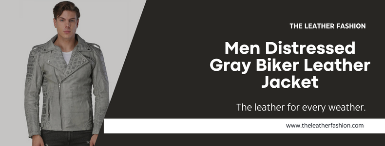 Men Distressed Gray Biker Leather Jacket