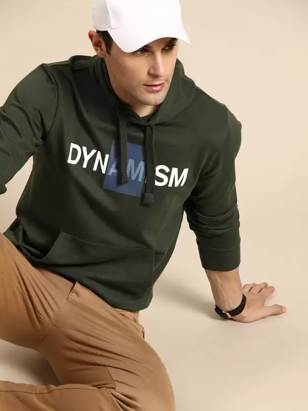 Men Green Full Sleeve Solid Hooded Sweatshirt