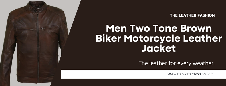 Men Two Tone Brown Biker Motorcycle Leather Jacket
