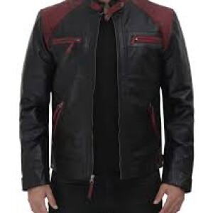 Men's Black and Maroon Quilted Cafe Racer Leather Jacket