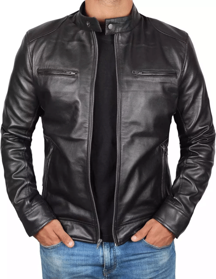 Men's Black Lambskin Leather Cafe Racer Jacket